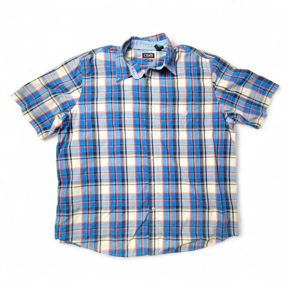 Chaps Easy Care Shirt Mens 3XL Blue Plaid Cotton Ralph Lauren Embroidered Casual
